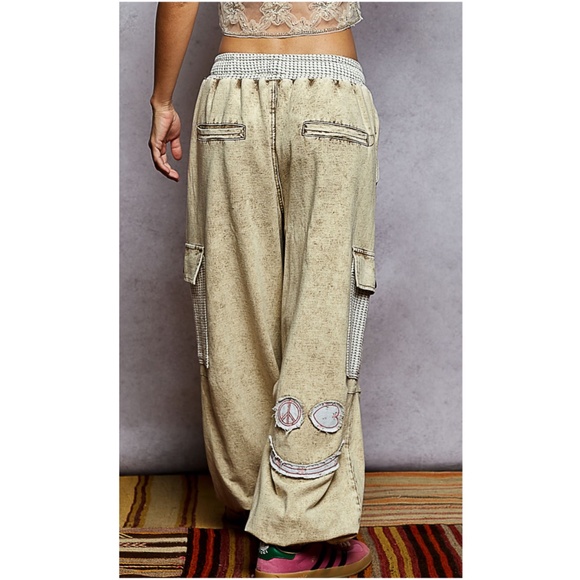 POL Mineral Wash Peace Floral Lace Patch Joggers - Picture 3 of 5